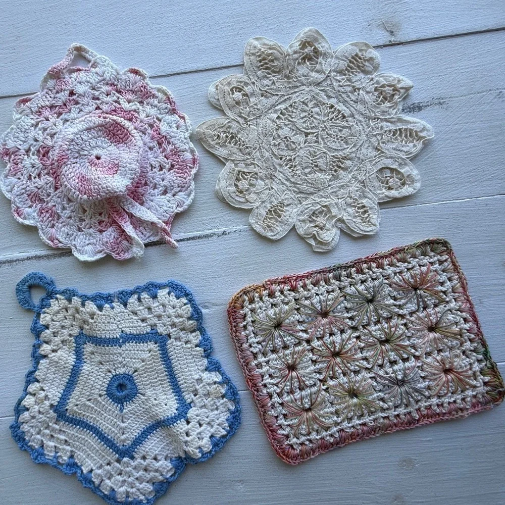 Vintage Handmade Crochet Potholder and Doily Set of 4 Pink Blue Cream Multi